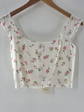 Joie Cream W/Floral Cropped Top Wide Straps Linen Blend Sleeveless Size Small